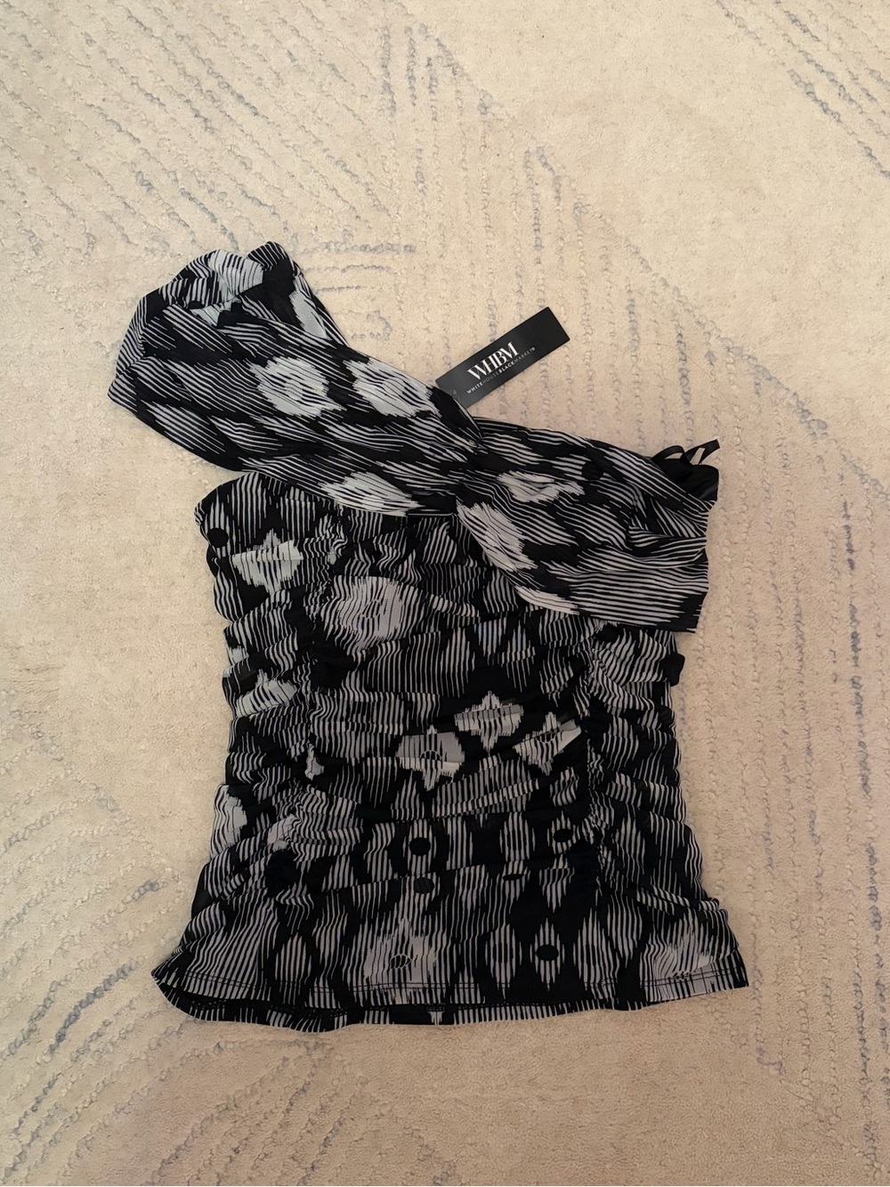 White House Black Market Black and White One-Shoulder Blouse